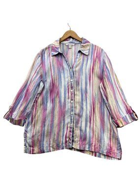 JM Collection Womens Linen Button-Down Shirt Size 14 Multicolor Striped Casual